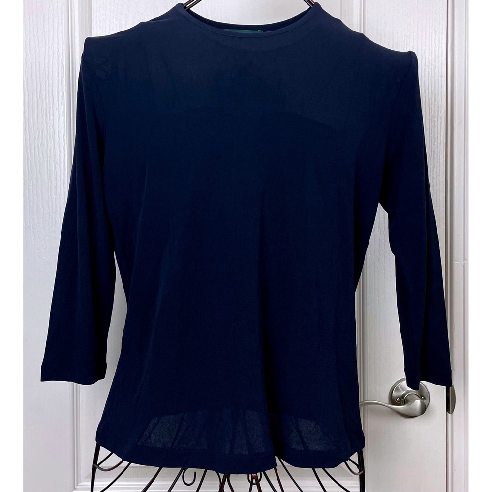 Ralph Lauren Navy 100% Silk 3/4 Sleeve Crew Top Large Office Chic Luxury Resort